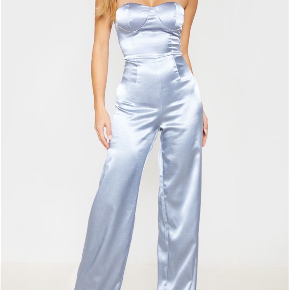 Light Blue Strapless Satin Wide-Leg Jumpsuit
